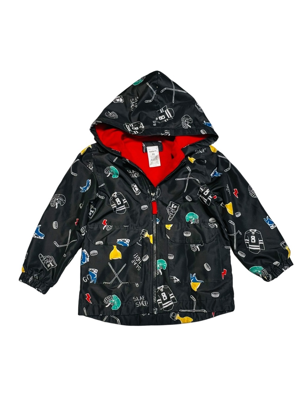 Carter's Black Hockey Print Lightweight Jacket with Red Lining